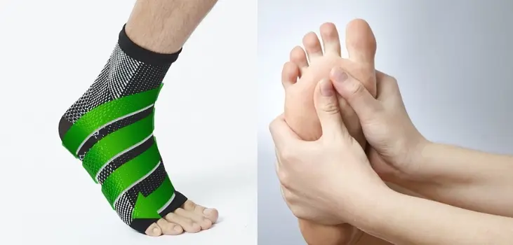 collage of massaging a heel and a foot wearing comprex ankle sleeve