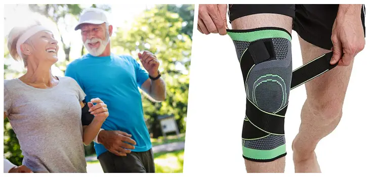 collage of a senior couple running and an elder putting on KneeHero